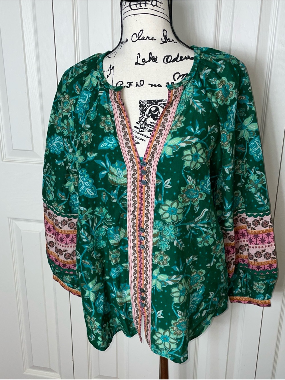 NWOT Sundance Small Arvilla Petal Green Floral Bohemian Blouse Long Sleeve